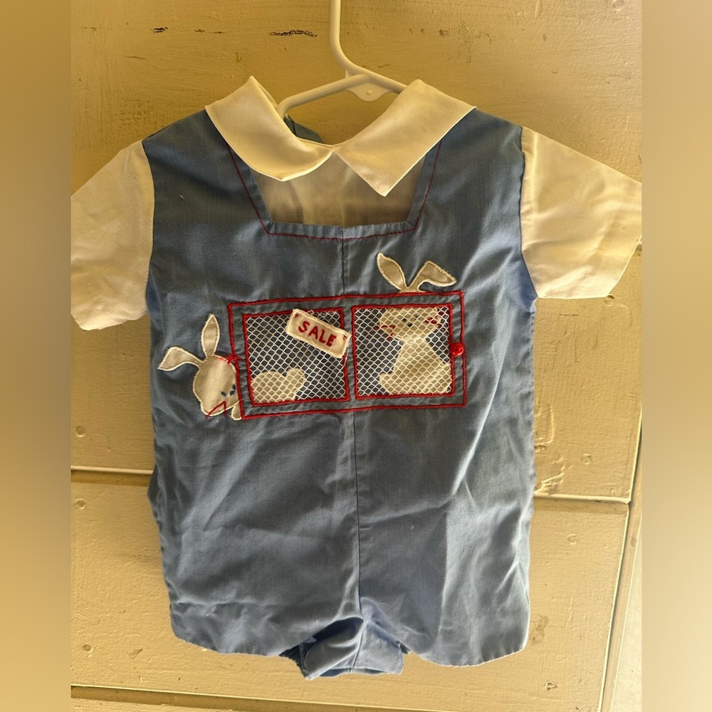 Vintage Nanette Baby Romper – Blue Bunny "For Sale" Design – 3-6 Months